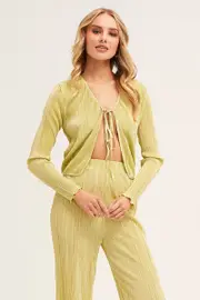 Green Plisse Top Tie Front Long Sleeve - Size XS, Women's Shirt
