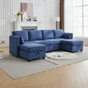 HOMFURN 4 Seater Modular Sectional Sofa with Storage, U Shaped Sectional Couch for Living Room, Convertible Modular Sofa Couch with Ottomans, Blue