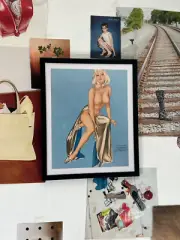 Vintage Vargas Girl Illustration Framed Art Piece Pin-Up Drawing Home Decor