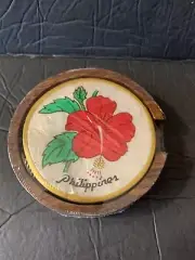 Set of 6 Coasters & Wood Holder Capiz Shell Tropical Flowers Made in Philippines