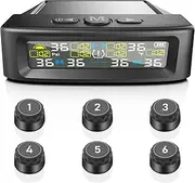 Tire Pressure Monitoring System with 6 External sensors, TPMS with Solar Charge & 6 Alarm Modes, LCD Real-time Display, Auto Sleep Mode, Tire Pressure Sensors for RV Trailer Truck Pickup (0-144 PSI)
