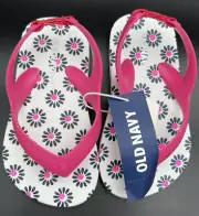 Old Navy Toddler Girls White Black/Pink Printed Flower Flip Flops Toddler SIZE 5