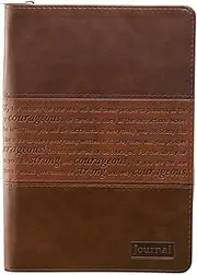Classic Faux Leather Journal Strong and Courageous Joshua 1:57 Bible Verse, Brown Inspirational Notebook, Lined Pages W/Scripture, Ribbon Marker, Zipper Closure
