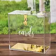 UNIQOOO Clear Acrylic Card Box w/Lock, Thick Wedding Box w/Slot Gold Foil Print, Large 10x10x5.5 in, for Reception Decoration Fundraiser Money Box Election Ballot Graduation Keepsake Party Favor