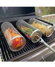 3x Rolling Grilling Basket BBQ Tube Round Stainless Steel Grill Mesh Cylinder✅