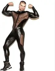 [GDYJP] Patent Leather Mens Sexy Long Sleeves Zipper Open Crotch Catsuit Jumpsuit Party Wear Pant Bodysuit Overalls (Color : Black, Size : Medium)