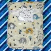 NEW Elephants Stars Trees Clouds Plush Baby Blanket Blue Gray Toddler Elements
