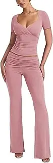 [Lrady] Womens 2 Piece Outfits Lounge Sets Lightweight Short Sleeve Crop Tops Fold Over Flare Pants Tracksuits