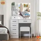 Dimmable LED Lighted Mirror Dressing Table and Stool Vanity Set with Drawers