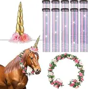 XunYee 12 Pcs Horse Costume Bling Accessory Floral Spiral Horn 10 Mane and Tail Clip in Hair Extensions Bling Pony Tinsel Rose Flower Vine for Real Horse Birthday Party Decor