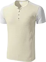 [Zylphorix] Men Waffle Color Matching T-Shirt Oversized Quarter Button Henry Shirt Summer Classic Comfortable Polo Shirt, Khaki, Small