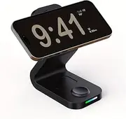 Black,3 in 1 Wireless Charging Station, 15W Fast Wireless Charger for Apple Devices, Travel Fast Charging Stand for iPhone 16/15/14/13/12, Apple Watch & Airpods