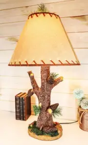 Pine Tree Needles Pinecones and Bark Textured Side Table Lamp Statue with Shade