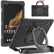 Heavy Duty Case for Galaxy Tab S9 Ultra 2023/S8 Ultra 14.6 Inch, Hybrid Rugged Case with S Pen Holder, Shockproof Kids Case with 360 Rotating Stand/Shoulder Strap (Black)