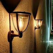 Lacasa 2 Pack Solar Wall Lights Outdoor, IP65 Waterproof Solar Sconce Lights with 2 Modes Dusk to Dawn LED Post Lights, Porch Wall Lanterns Security Lamps for Garden Fence Patio, Warm White 2700K