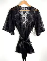 Dreamgirl Lace Robe Women's Size Medium Black Floral Short Belted Sexy Romantic