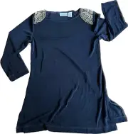 Chico’s Travelers Black Stretchy Tunic Top Beaded Shoulders Size XS (4-6 US)