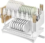 2 Tier Dish Drying Rack Dish Drainer Rack Removeable Cutlery Holder Kitchen Organizer Storage Shelf for Utensil Chopping Board Cup Auto Drainage Kitchen Countertop Storage White