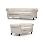 Mellowly 3 + 2 Seater Sofa Fabric Uplholstered Chesterfield Lounge Couch - Beige