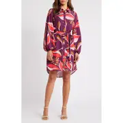 Sam Edelman Hoya Print Long Sleeve Shirtdress in Wine Multi at Nordstrom, Size 10