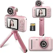 1080P Digital Camera Video Camera for 40Mp 2.4 Inch IPS Screen 180° Rotatable Lens Built-in Battery Cute P Frames Fun Games with Neck Strap Desktop 32Gb Ry Card Tripod Pink