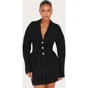 Shape Black Buckle Cinched Cocoon Sleeve Hammered Button Blazer, Black