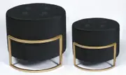 Premium set of 2 round nesting ottomans metal gold black velvet