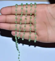 925 silver wire beaded rosary chain, 3mm prehnite glass beads bulk rosary chain