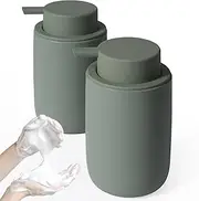 INGOFIN Ceramic Foaming Soap Dispenser Set, 2 Pack (12 oz) Bathroom Foam Hand Soap Dispenser with Pump, Hand and Dish Soap Dispenser Set with 8 Pcs Clear Stickers,for Kitchen- Matte Green
