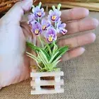 Mini Clay Purple Cymbidium Orchids Flowers Artificial Flower in Wooden Planter