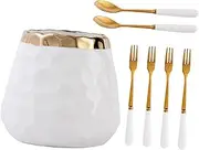 HEALEEP 1 Set Delicate Stainless Steel Fork and Spoon with Ceramic Storage Jar Wear Resistant Cutlery Set for Appetizers Salads and Desserts Elegant Kitchen Utensils for Dining and