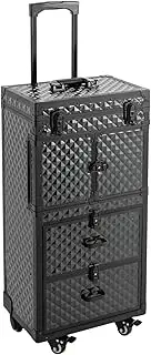 [PANEKOLO] Rolling Cosmetic Case, Large Makeup Trolley Case Travel Cosmetic Hairdressing Rolling Case, Portable Makeup Organizer Rolling Train Case (Black) , Black, Modern