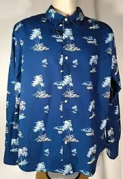 Nautica men Blue Depth Palm Tree Print Collar Long Sleeve Shirt Size Large