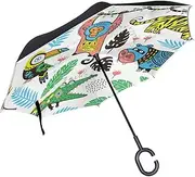Double Layer Inverted Umbrella Cars Reverse Umbrella Tropical Ethnic Tribal Animals Windproof UV Proof Travel Outdoor Umbrella