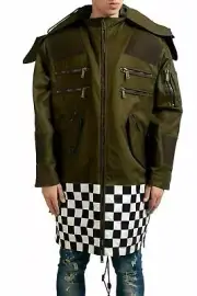 Dsquared2 Men's Green Checkboard Hooded Full Zip Oversized Coat US S IT 48