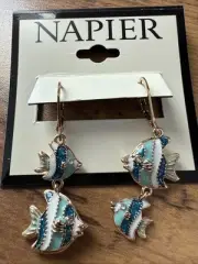 New NWT Napier Gold Tone Blue Angel Fish Drop Earrings Pretty