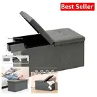 Collapsible Ottoman Storage Bench - Grey Linen, 109L Capacity for Small Spaces