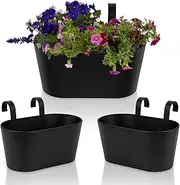 Beautiful Hanging Flower Pots for Outside Railing Or Fence - Stylish Set of 3 Outdoor Planters For Any Balcony, Porch or Deck - Window Planter Boxes Are Perfect to Grow Fresh Herbs & Flowers at Home