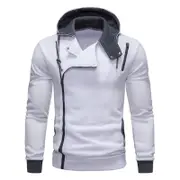 Men Fall Hoodie Oblique Zipper Long Sleeve Hooded Contrast Color Elastic Cuff Drawstring Asymmetric Sweatshirt Soft Men Top White L