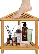 MinBoo Bamboo Corner Shower Stool for Inside Shower Shaving Legs, Waterproof Bathroom Shower Bench Seat with Storage Shelf for Bathroom, Shower Foot Rest for Small Spaces, Bath Seat