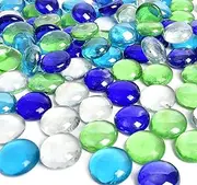 HUIANER Flat Glass Marbles 1lb, 100PCS Four Mixed Color Blue Green Glass Beads Flat Gems for Vase Filler Garden Aquarium Pebbles Table Decoration