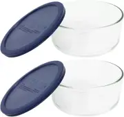 Pyrex Storage 4-Cup Round Dish with Dark Blue Plastic Cover, Clear (Pack of 2 Co