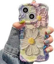[UEEBAI] Case for iPhone 13 6.1 inch, Colorful Retro Oil Painting Flower Case Pretty Glossy Pattern Wave Case Cute Sparkly Floral Curly Cover Stylish Soft Case for Women and Girl - Green Purple