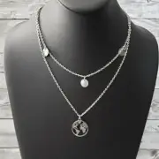 World / Globe Layered Pendant Necklace - Silver Tone Statement - New