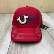 True Religion Cap Hat Snap Back Men Red Trucker Mesh Buddha Preppy Embroidered