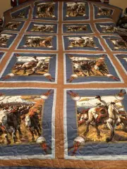 Cowboy Horse Cattle Roundup Patchwork Pattern Homemade Queen Size Quilt Cotton
