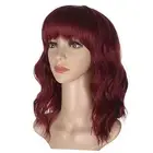 Short Wavy Bob Wig with Bangs for Women 16 Inches Natural Synthetic Wine Red