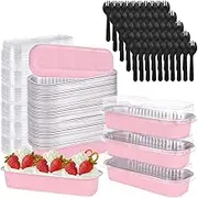 Mini Loaf Pans with Lids and Spoons, SHAIDOJIO 6.8oz Aluminum Foil Baking Pans, Rectangle Cupcake Baking Cups Muffin Tins, Small Cake Pans for Bread, Brownie, Cheesecake (Pink)