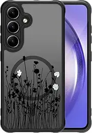 [DYFYFKDI] Magnetic Case for Samsung Galaxy S24 Plus[Compatible with MagSafe] Floral Aesthetic Cute Black Flower Pattern Case Women Girls,Slim Translucent Matte Bumper Shockproof Protective Cover,Black