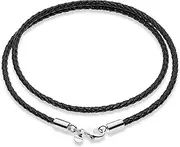 [Miabella] Genuine Italian 3mm Black Braided Leather Cord Chain Necklace for Men Women with 925 Sterling Silver Clasp, Made in Italy